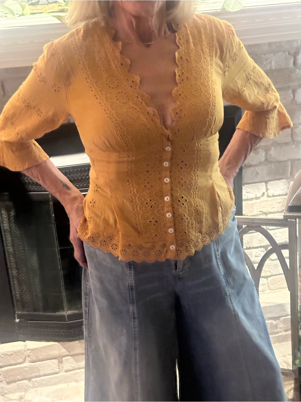 Free People Golden Yellow Eyelet Button-Front Peplum Blouse - Picture 2 of 3